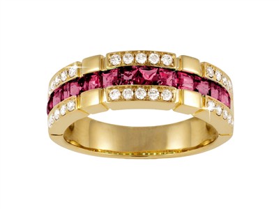 Anillo 3 Filas 7 Mm, Diamantes 0,30ct Y Rubes Princesa 1,28 Ct, Oro Amarillo 18 Kt, Tamaño 56