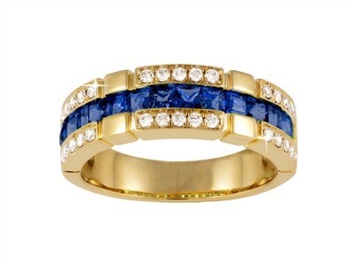 Anillo 3 Filas 7 Mm, Diamantes 0,30ct Y Zafiros Princesa 1,28 Ct, Oro Amarillo 18 Kt, Tamaño 54