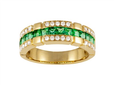 Anillo 3 Filas 7 Mm, Diamantes 0,30ct Y Esmeraldas Princesa 1,00 Ct, Oro Amarillo 18 Kt, Tamaño 54