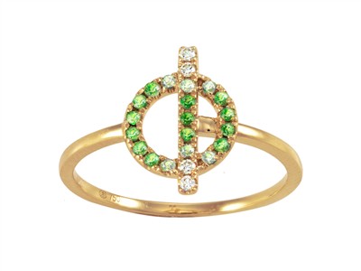 Anillo Crculo Y Barra 9 X 13 Mm, Diamantes 0,04 Ct, Granate Verde 0,15 Ct Y Zafiros Verdes 0,07 Ct, Oro
