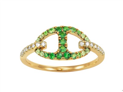 Anillo Eslabn Marina 9 X 14 Mm, Diamantes 0,12 Ct, Granates Verdes 0,30 Ct Y Zafiros Verdes 0,08 Ct, Oro