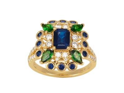 Anillo Rio 16 X 18 Mm, Diamantes 0,49 Ct, Zafiros Azules 1,75 Ct Y Granates Verdes 0,80 Ct, Oro Amarillo