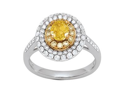 Anillo Solitario, Diamante Amarillo Ovalado 0,63 Ct Y Redondo 0,20 Ct, Diamante Blanco 0,57 Ct, Oro Blanco 18k, Dedo 54