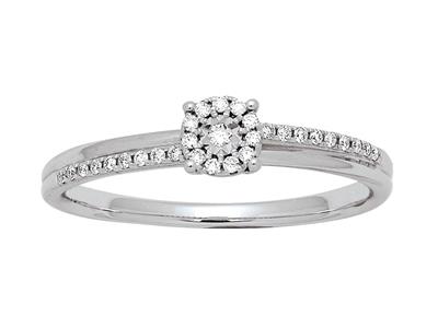 Anillo Solitario Acompañado, Engaste Ilusin De Diamantes De 0,12 Ct, Oro Blanco De 18 K, Tamaño De Dedo