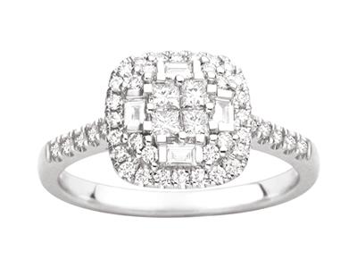 Anillo Cuadrado Con Cuerpo Engastado, Diamantes Redondos Y Baguettes 0,58ct, Oro Gris 18k, Tamaño 53