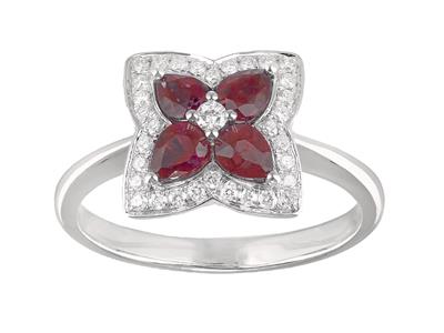 Bge Fleur Diamants 0,21ct Et Rubis 0,79ct Or Gris 18k Doigt 50