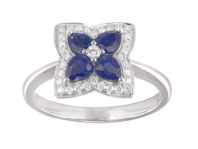Anillo Flor, Diamantes 0,19 Ct Y Zafiros 0,85 Ct, Oro Blanco 18k, Tamaño 56