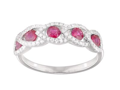 Anillo Hojas, Diamantes 0,22ct Y Rubes 0,63ct, Oro Blanco 18k, Tamaño52