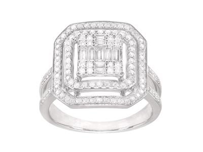 Anillo Cuadrado Con Cuerpo Engastado, Diamantes Tamaño Baguette De 0,70 Ct, Oro Gris De 18 K, Tamaño 58