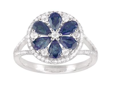Anillo Flor, Diamantes 0,39ct Y Zafiros 1,48ct, Oro Gris 18k, Tamaño 56