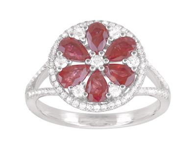 Anillo Flor, Diamantes 0,39ct Y Rubes 1,40ct, Oro Gris 18k, Tamaño 52