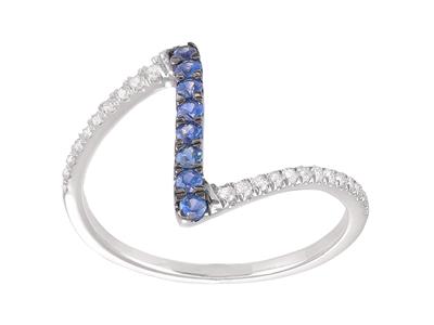 Anillo En Forma De Z, Diamantes De 0,14 Ct Y Zafiros De 0,25 Ct, Oro Blanco De 18 K, Tamaño 56