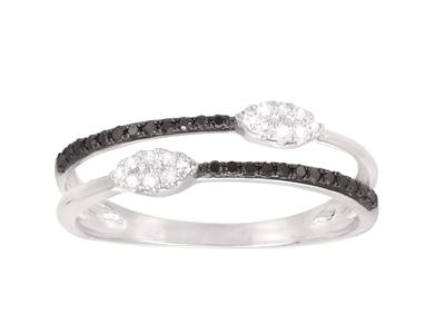 Anillo De Doble Hilera, 2 Discos Dediamantes Blancos 0,07ct Y Diamant Es Negros 0,12ct, Oro Gris 18k, Tam - Imagen Estandar - 1