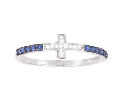 Anillo Cruz, Diamantes 0,03ct Y Zafiros 0,24ct, Oro Gris 18k, Tamaño 54