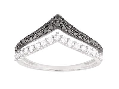 Anillo De Doble Hilera En Forma De V, Diamantes Blancos De 0,23 Ct Y Negros De 0,22 Ct, Oro Gris 18k, Tam