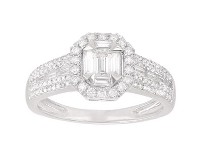Anillo Solitario Acompañado, Tamañoesmeralda, Diamantes 0,79ct, Oro B Lanco 18k, Tamaño 54