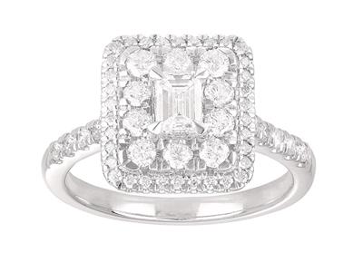 Anillo Motivo Cuadrado, Diamantes Redondos Y Baguettes 1,10ct, Oro Blanco 18k, Tamaño 50