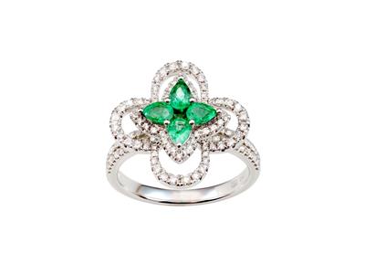 Anillo De Flor De Ptalos Calados, Diamantes De 0,60 Ct Y Esmeraldas De 0,65 Ct, Oro Gris 18k, Tamaño 54