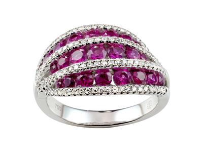 Anillo De Tres Hileras, Diamantes De 0,34 Ct Y Rubes De 1,89 Ct, Oro Gris De 18 K, Tamaño 54