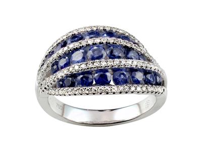 Anillo De Tres Filas, Diamantes De 0,34 Ct Y Zafiros De 1,98 Ct, Oro Blanco De 18 K, Tamaño 58