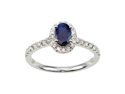 Anillo Solitario, Zafiro Azul Ovalado 0,57ct Rodeado De Diamantes 0,28ct, Oro Gris 18k, Tamaño 56