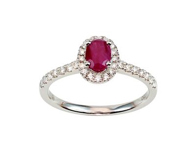 Anillo Solitario, Rub Ovalado 0,52ct, Halo De Diamantes 0,28ct, Oro Blanco 18k, Tamaño 54