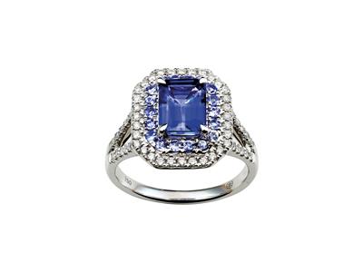 Anillo Con Montura De Tipo Prong, Diamantes De 0,35 Ct Y Tanzanita Azul Tamaño Esmeralda De 1,90 Ct, Oro 1,90 Quilates, Oro Blanco De 18 Quilates, Dedo 54