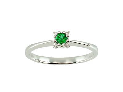 Anillo Solitario, Esmeralda De 0,14ct Rodeada De Diamantes De 0,02 Ct , Oro Blanco De 18 K, Tamaño Del An