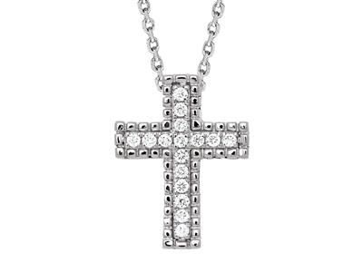 Colgante Cruz Con Cadena Externa De Cuentas, Diamantes 0,08ct, Oro Blanco 18k