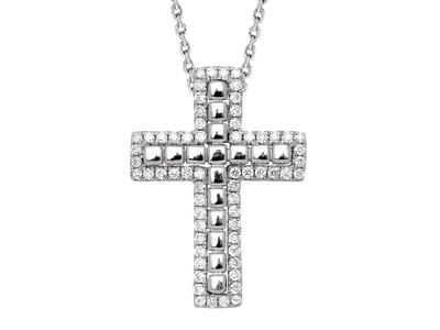 Colgante Cruz Con Cadena De Cuentas Externa, Diamantes 0,22ct, Oro Blanco 18k