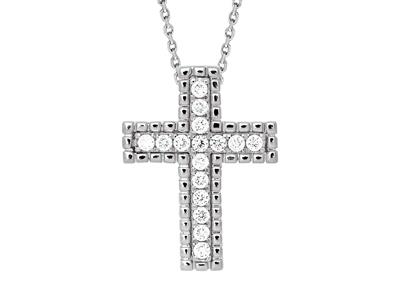 Colgante Cruz Con Cadena Externa De Cuentas, Diamantes 0,23ct, Oro Blanco 18k