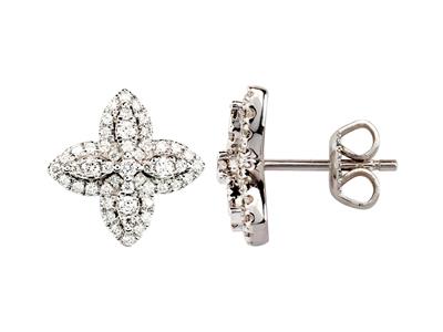 Pendientes Motivo Flor, 4 Pétalos, Altura 12 Mm, Diamantes 0,35 Ct, Oro Blanco 18 Kt