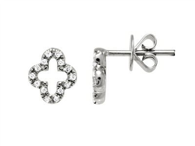 Pendientes Trbol Calado 7 X 8 Mm, Diamantes 0,08 Ct, Oro Blanco 18 Kt
