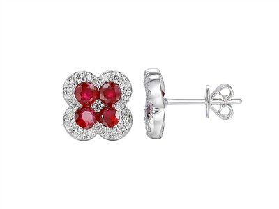 Pendientes Flor 10 Mm, Rubes 1,15 Ct Y Diamantes 0,22 Ct, Oro Blanco 18 Kt