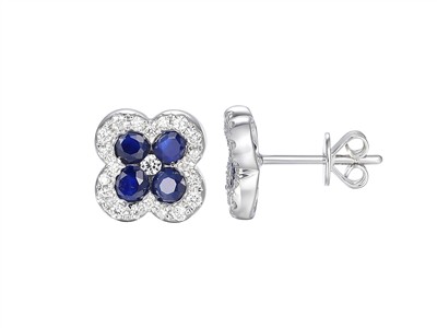 Pendientes Flor 10 Mm, Zafiros 1,25ct Y Diamantes 0,22 Ct, Oro Blanco 18 Kt
