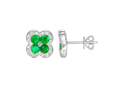 Pendientes Flor 10 Mm, Esmeraldas 0,73 Ct Y Diamantes 0,22 Ct, Oro Blanco 18 Kt