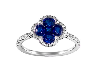 Anillo Flor 4 Ptalos 11 Mm, Diamantes 0,26 Ct Y Zafiros 1,15 Ct, Oro Blanco 18 Kt, Tamaño 56
