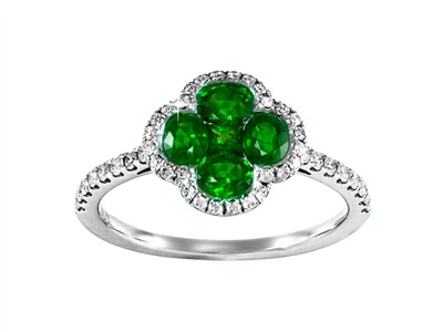 Anillo Flor 4 Ptalos 11 Mm, Diamantes 0,26 Ct Y Esmeraldas 0,79 Ct, Oro Blanco 18 Kt, Tamaño 56