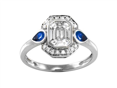Anillo Cocktail 9 X 11 Mm, Diamantes Redondos Y Baguettes 0,42 Ct, Zafiros Tamaño Pera 0,35 Ct, Oro Blanc