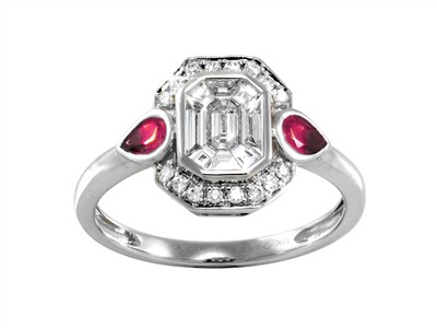 Anillo Cocktail 9 X 11 Mm, Diamantes Redondos Y Baguettes 0,44 Ct, Rubes Tamaño Pera 0,36 Ct, Oro Blanco