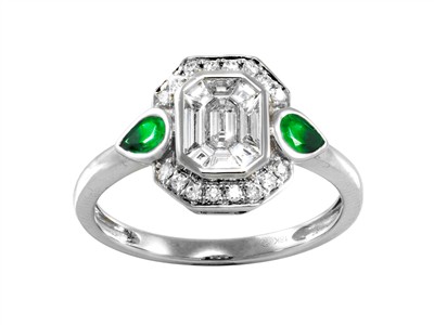 Anillo Cocktail 9 X 11 Mm, Diamantes Redondos Y Baguettes 0,44 Ct, Esmeraldas Tamaño Pera 0,36 Ct, Oro Bl
