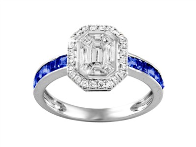Anillo Harmonie 9 X 11 Mm, Diamantes Redondos Y Baguettes 0,50 Ct, Zafiros Tamaño Princesa 0,83 Ct, Oro B
