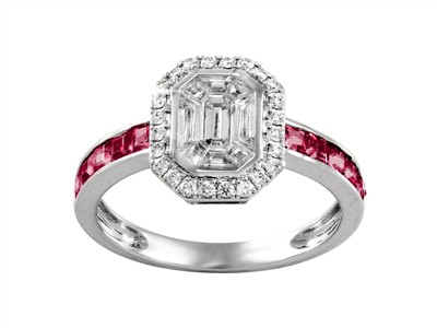 Anillo Harmonie 9 X 11 Mm, Diamantes Redondos Y Baguettes 0,49 Ct, Rubes Tamaño Princesa 0,82 Ct, Oro Bl