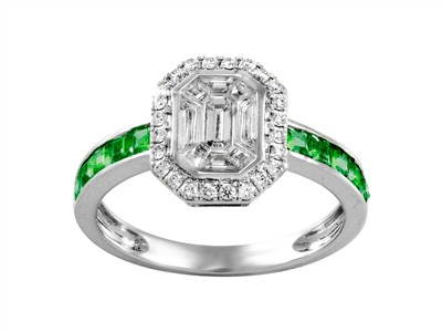 Anillo Harmonie 9 X 11 Mm, Diamantes Redondos Y Baguettes 0,47 Ct, Esmeralda Tamaño Princesa 0,53 Ct, Oro