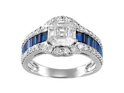Anillo Empire 11 Mm, Diamantes Redondos Y Baguettes 0,97 Ct, Zafiros Baguette 1,23 Ct, Oro Blanco 18 Kt,