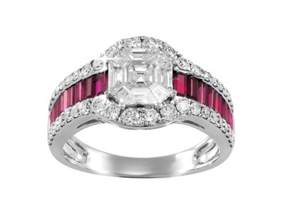 Anillo Empire 11 Mm, Diamantes Redondos Y Baguettes 0,97 Ct, Rubes Baguette 1,04 Ct, Oro Blanco 18 Kt, T