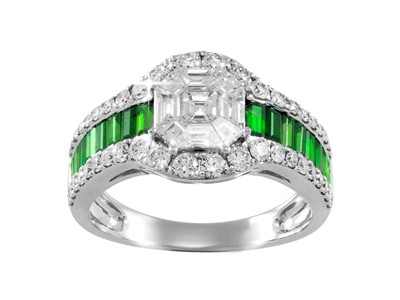 Anillo Empire 11 Mm, Diamantes Redondos Y Baguettes 0,97 Ct, Esmeraldas Baguette 0,74 Ct, Oro Blanco 18 K