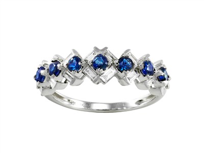 Anillo Mosaïque 6 Mm, Diamantes Baguette 0,41 Ct Y Zafiros Redondos 0,57 Ct, Oro Blanco 18 Kt, Tamaño 56