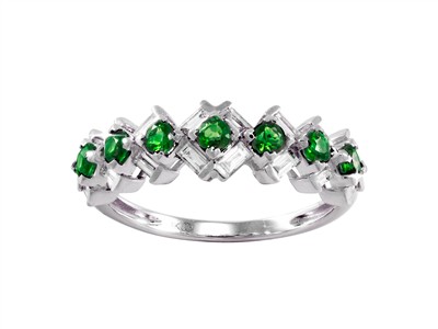 Anillo Mosaïque 6 Mm, Diamantes Baguette 0,41 Ct Y Esmeraldas Redondas0,39 Ct, Oro Blanco 18 Kt, Tamaño