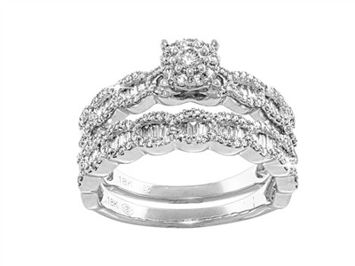 Anillo Solitario Y Alianza 4 Mm, Diamantes Redondos Y Baguettes 0,83 Ct, Oro Blanco 18 Kt, Tamaño 56